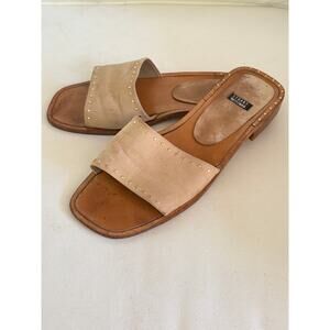 Stuart Weitzman Slide Sandals 8.5 Tan Beige Stud Gold Travel Resort Leather